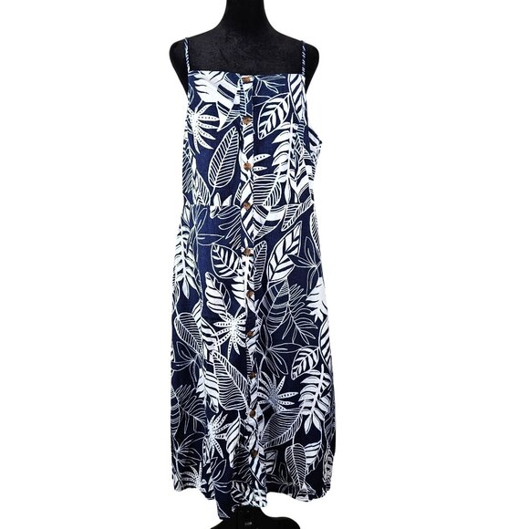 Tropical Womens Size XL Linen Rayon Leaf Print Button Up Sundress Casual Summer - Picture 1 of 10